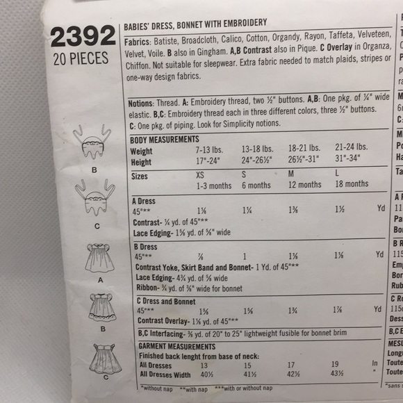 Simplicity 2392 Vintage 50’s Babies Dresses Bonnet Embroidery 7-24 lbs Uncut - Picture 7 of 11